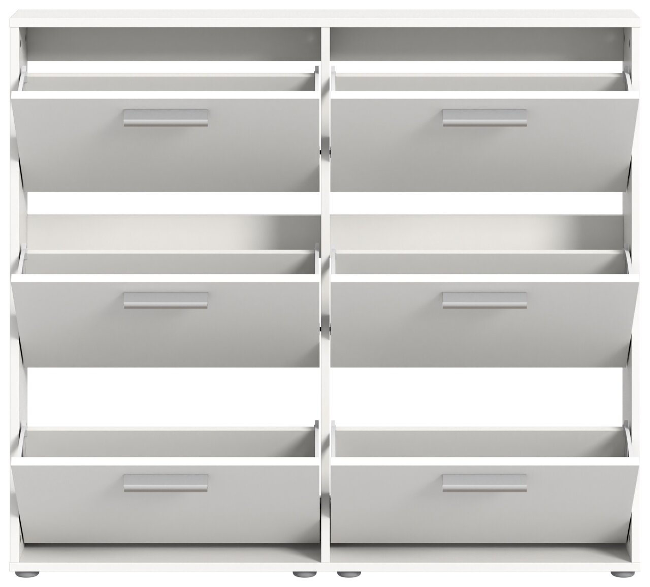 Weißer Schuhkipper mit sechs Klappen, frontal betrachtet