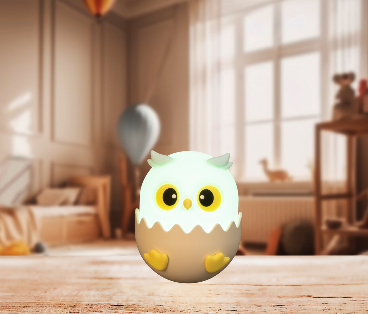 Eulenförmiges Akku-Nachtlicht in einem Kinderzimmer, frontal betrachtet.