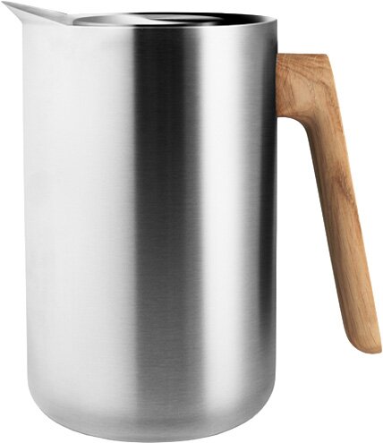Eva Solo Isolierkanne NORDIC KITCHEN Edelstahl-Milchkännchen mit Ausgießer und Holzgriff, freigestellt auf weißem Hintergrund, seitliche Ansicht