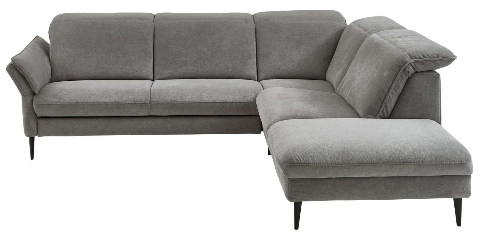 Graue Eckgarnitur mit modernem Design, abgebildet aus einer frontalen Perspektive.
