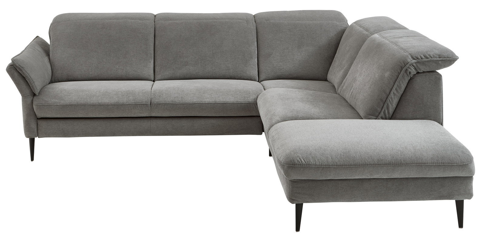 Graue Eckgarnitur mit modernem Design, abgebildet aus einer frontalen Perspektive.