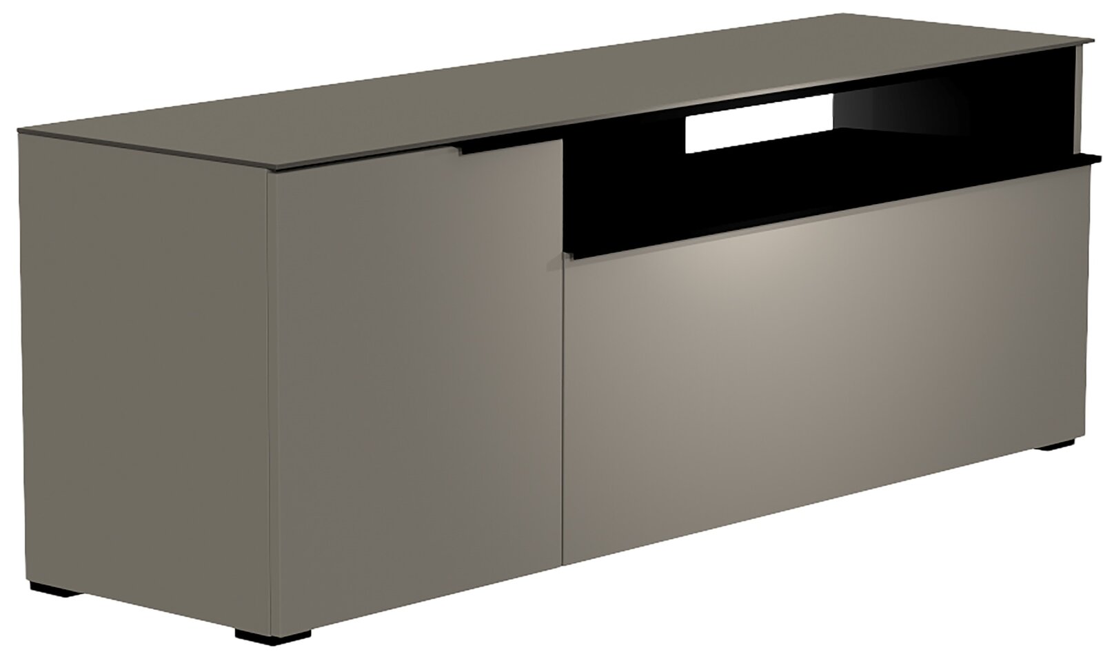 Moderano TV-Lowboard Serie BORMIO in seitlicher Perspektive, modernes Design in Grau mit offenen Fächern.
