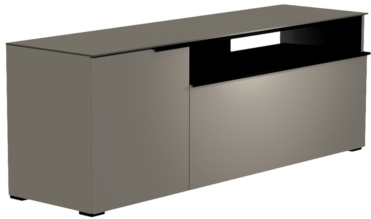 Moderano TV-Lowboard Serie BORMIO in seitlicher Perspektive, modernes Design in Grau mit offenen Fächern.