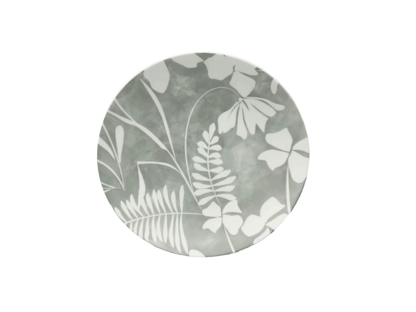 Grauer Teller mit weißem Blumenmuster, Ansicht von oben