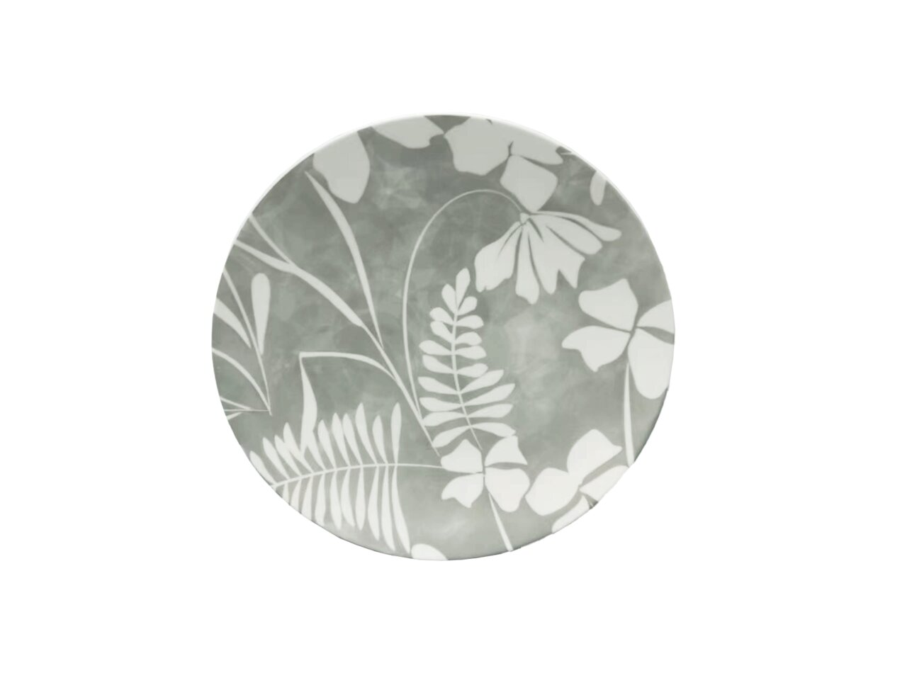 Grauer Teller mit weißem Blumenmuster, Ansicht von oben