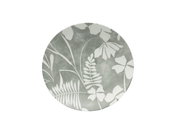 Grauer Teller mit weißem Blumenmuster, Ansicht von oben