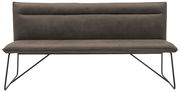 Moderne Bank mit gepolsterter Sitzfläche und Rückenlehne in dunklem Stoff, Metallbeine, Frontalansicht