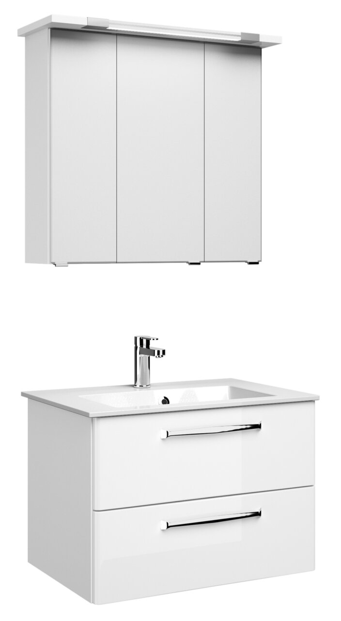 Pelipal Badblock TRENTINO Moderner weißer Badblock mit Spiegelschrank und Waschbecken, frontale Ansicht