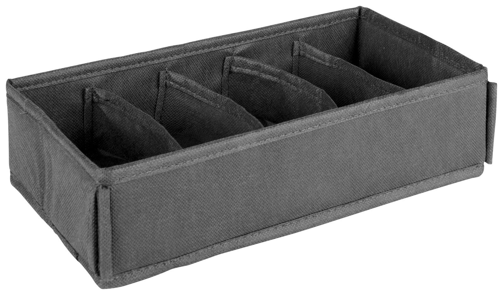 Graue Aufbewahrungsbox mit vier Fächern, seitliche Perspektive