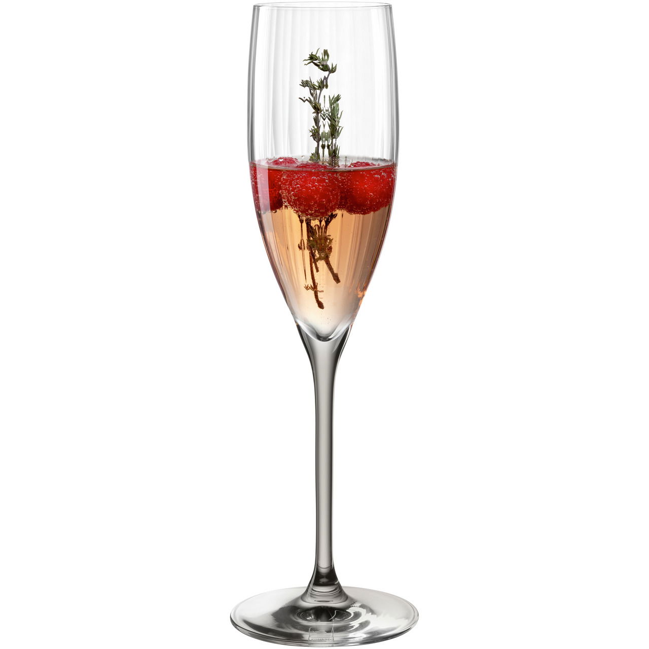 Sektglas POESIA grau 250ml mit roséfarbenem Getränk, Himbeeren und Thymianzweig, seitliche Perspektive