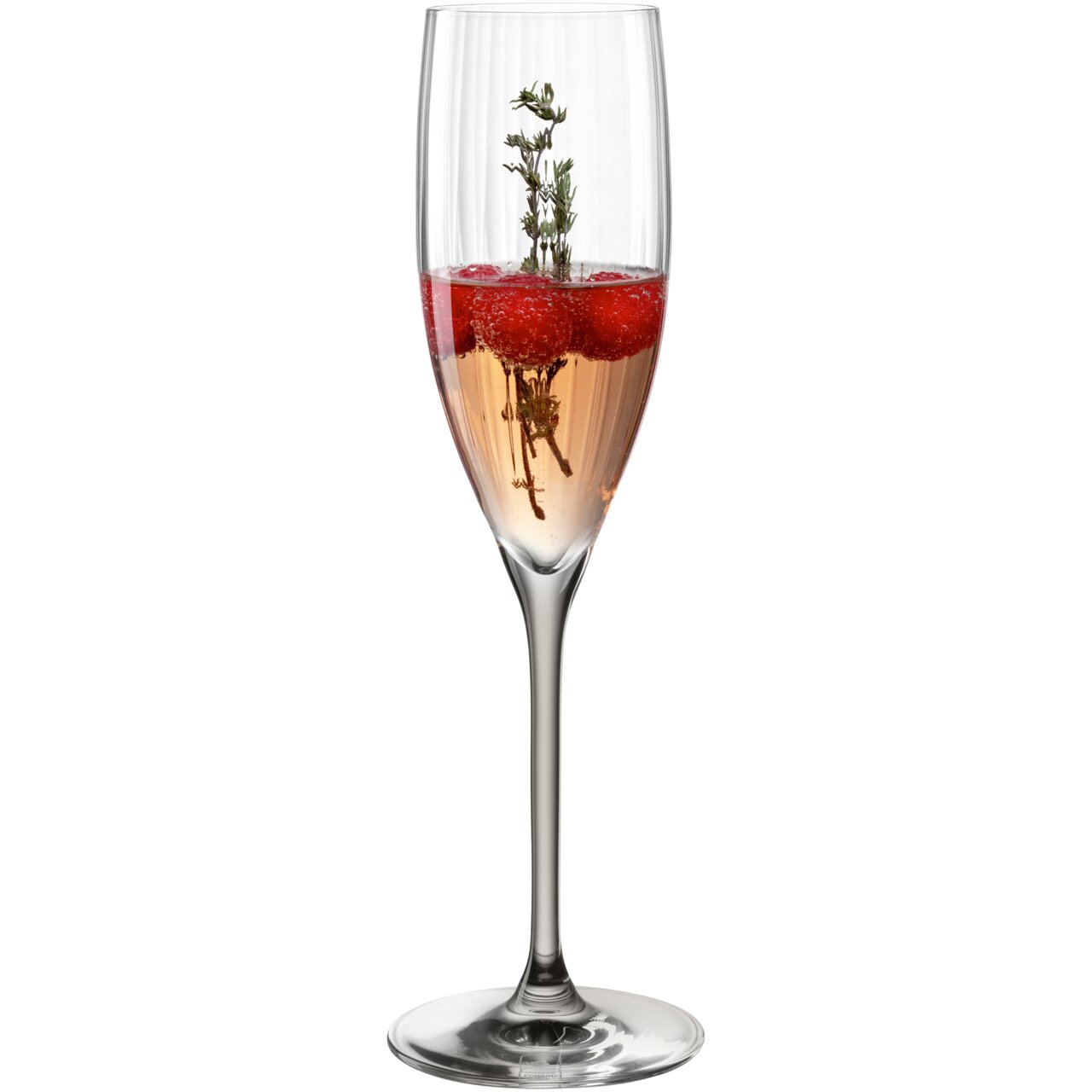Sektglas POESIA grau 250ml mit roséfarbenem Getränk, Himbeeren und Thymianzweig, seitliche Perspektive