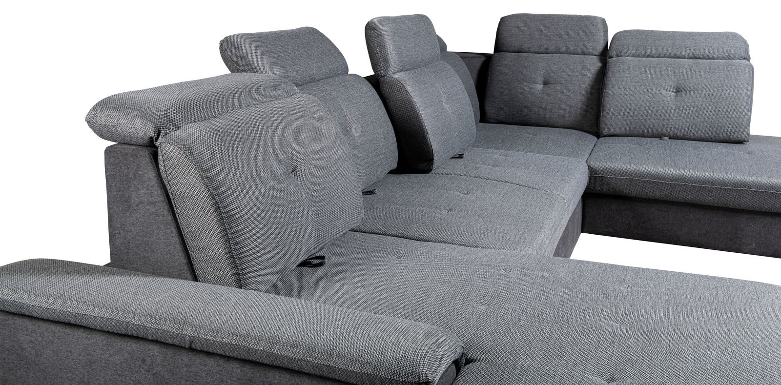 Graue Rundecke mit verstellbaren Kopfstützen, seitliche Perspektive