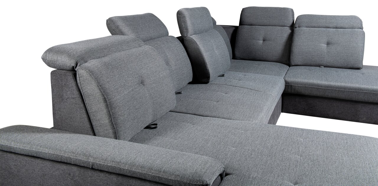 Graue Rundecke mit verstellbaren Kopfstützen, seitliche Perspektive