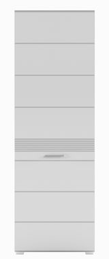 Moderner Garderobenschrank in Weiß mit horizontalen Linien und Griff, Frontalansicht.