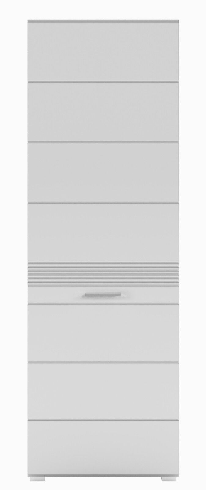 Moderner Garderobenschrank in Weiß mit horizontalen Linien und Griff, Frontalansicht.