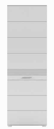 Moderner Garderobenschrank in Weiß mit horizontalen Linien und Griff, Frontalansicht.