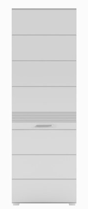 Moderner Garderobenschrank in Weiß mit horizontalen Linien und Griff, Frontalansicht.