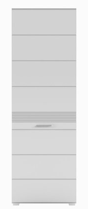 Moderner Garderobenschrank in Weiß mit horizontalen Linien und Griff, Frontalansicht.