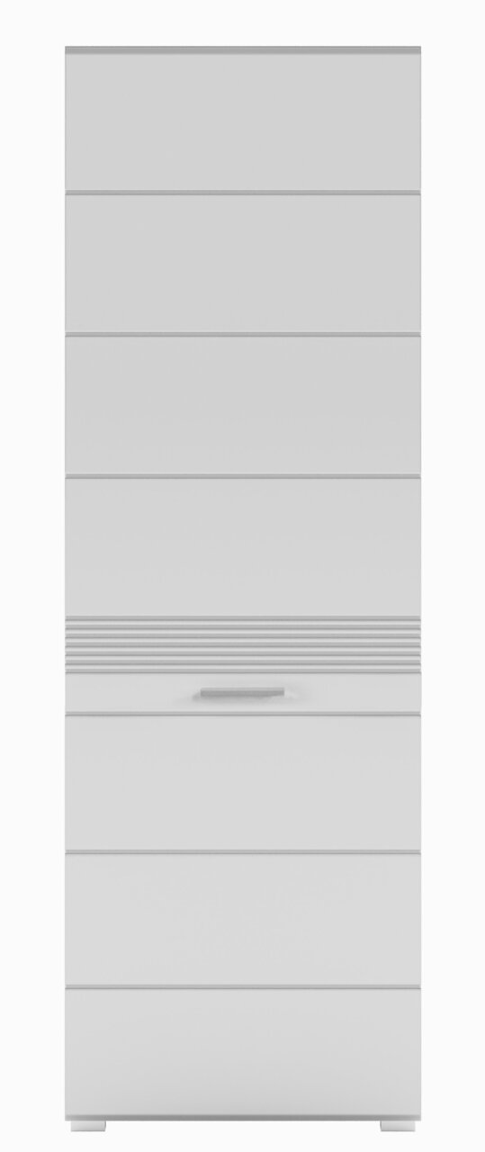 Moderner Garderobenschrank in Weiß mit horizontalen Linien und Griff, Frontalansicht.