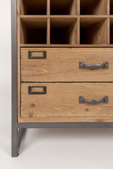 Weinregal aus Holz und Metall mit Fächern und Schubladen, seitliche Perspektive