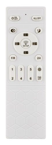 Weiße Fernbedienung für Deckenventilator und Licht mit Setup- und Timer-Tasten (2H), Kanaltasten 1–6 sowie ON/OFF und ALL OFF, Frontalansicht von oben