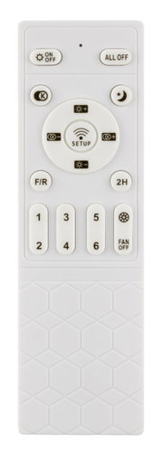Weiße Fernbedienung für Deckenventilator und Licht mit Setup- und Timer-Tasten (2H), Kanaltasten 1–6 sowie ON/OFF und ALL OFF, Frontalansicht von oben