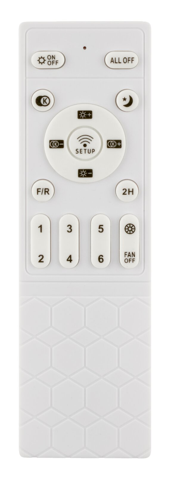 Weiße Fernbedienung für Deckenventilator und Licht mit Setup- und Timer-Tasten (2H), Kanaltasten 1–6 sowie ON/OFF und ALL OFF, Frontalansicht von oben