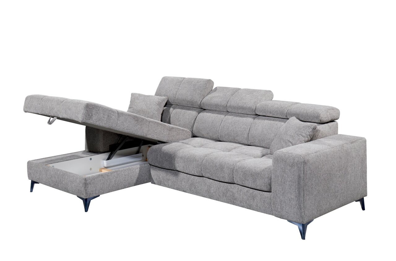 Graues Ecksofa mit Stauraum, geöffneter Ottomane, seitliche Perspektive