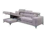 Graues Ecksofa mit Stauraum, geöffneter Ottomane, seitliche Perspektive