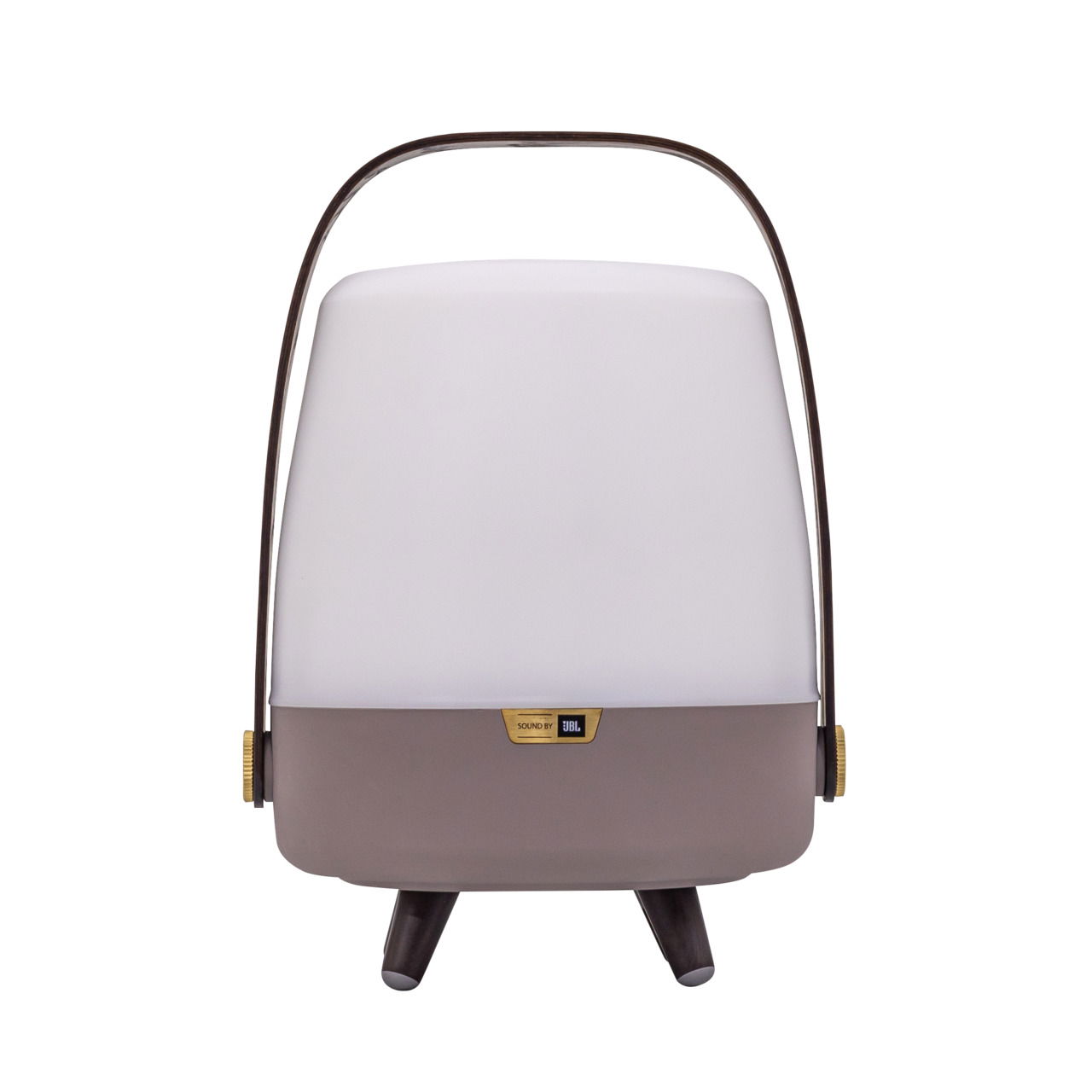 Frontansicht einer tragbaren Lampe mit braunem Sockel und weißem Leuchtkörper, ausgestattet mit einem Griff und JBL-Logo.