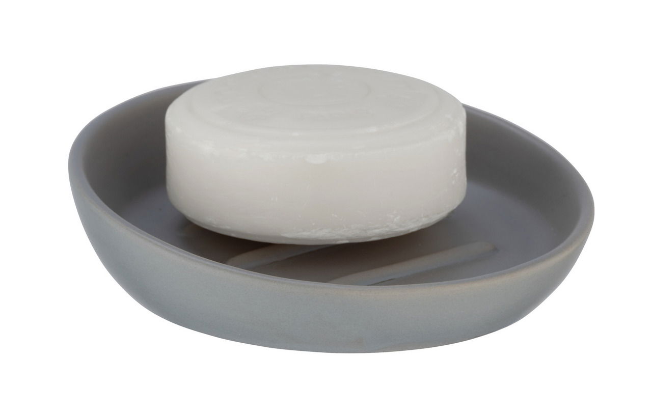 Graue Keramik Seifenablage Badi mit runder Seife, seitliche Perspektive