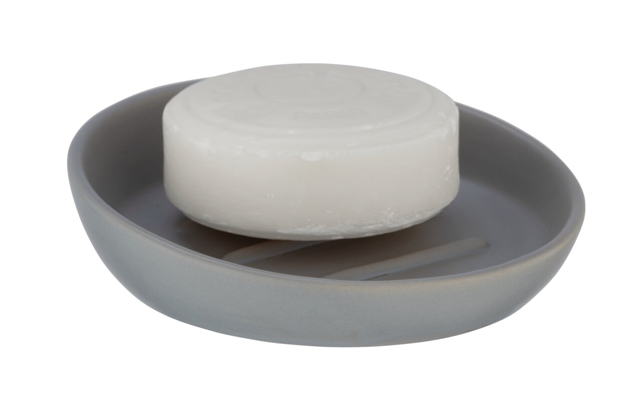 Graue Keramik Seifenablage Badi mit runder Seife, seitliche Perspektive