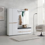 Moderner Garderobenschrank in Weiß mit Holzgriffen, Sitzbank und Haken, seitliche Perspektive