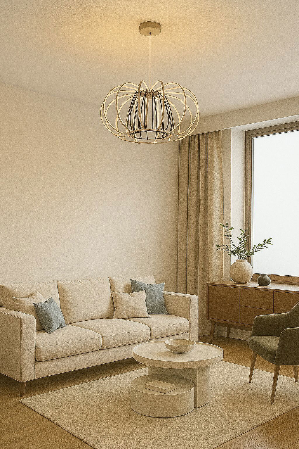 Moderne Pendelleuchte in einem stilvollen Wohnzimmer, aus der Perspektive von unten betrachtet.