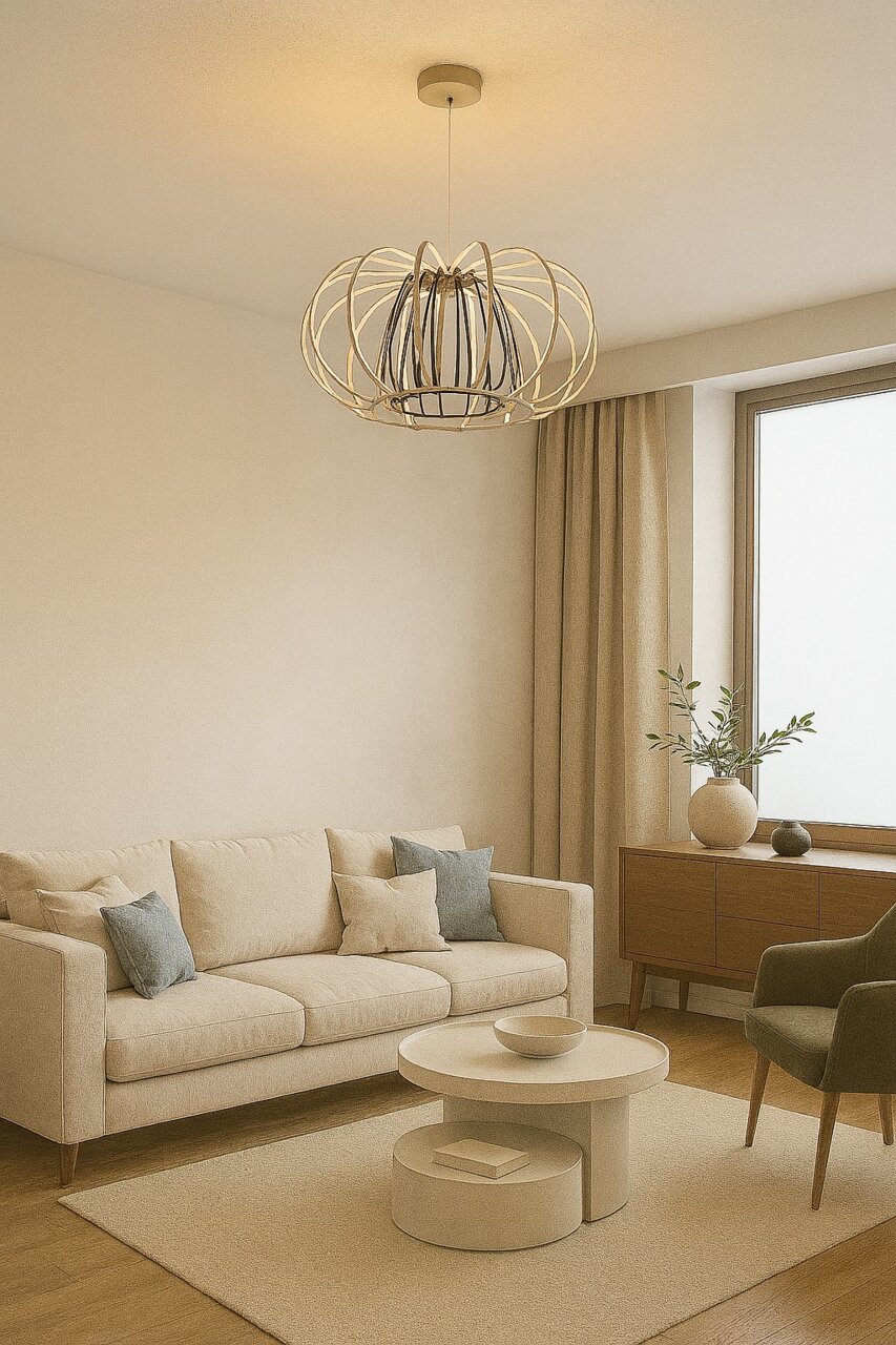 Moderne Pendelleuchte in einem stilvollen Wohnzimmer, aus der Perspektive von unten betrachtet.