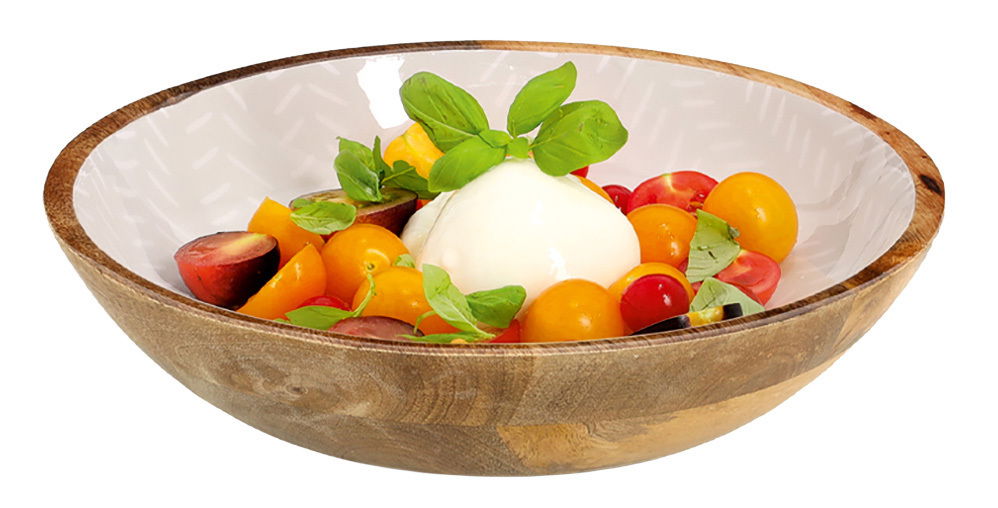 Schale aus Mangoholz mit einem Durchmesser von 25 cm, gefüllt mit buntem Obst und Basilikum, seitliche Perspektive.