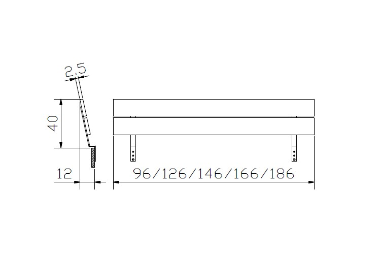 Technische Zeichnung eines Kopfteils aus Holz und Metall, Seitenansicht und Frontansicht mit Maßen.