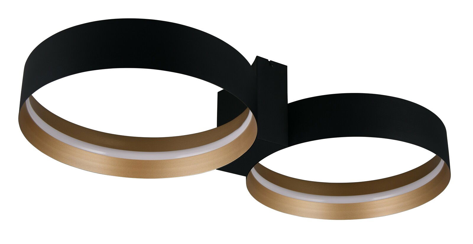 Moderne Deckenleuchte mit zwei schwarzen und goldenen Ringen, seitliche Perspektive