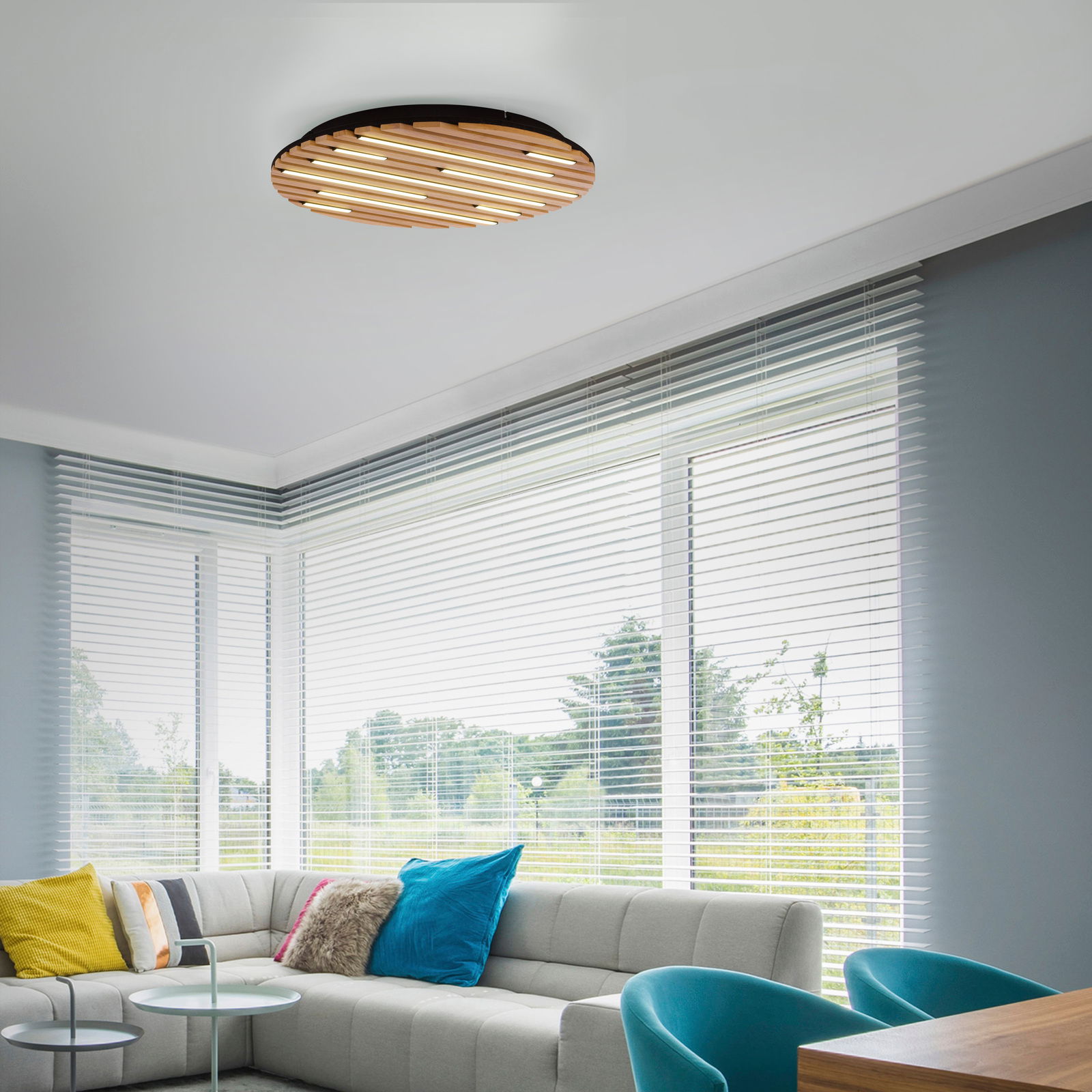 Paul Neuhaus Wand- und Deckenleuchte Q-AKUS Q-AKUSTIK Moderne Wand- und Deckenleuchte Q-AKUSTIK von Paul Neuhaus in einem stilvollen Wohnzimmer, Deckenansicht.