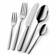 Besteckset Palma 60-tlg. aus Edelstahl, bestehend aus Gabel, Messer, Esslöffel, Dessertgabel und Teelöffel, in schräger Perspektive.