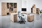 Moderner Chefsessel in einem stilvollen Büro mit Holzschränken und Schreibtisch, seitliche Perspektive
