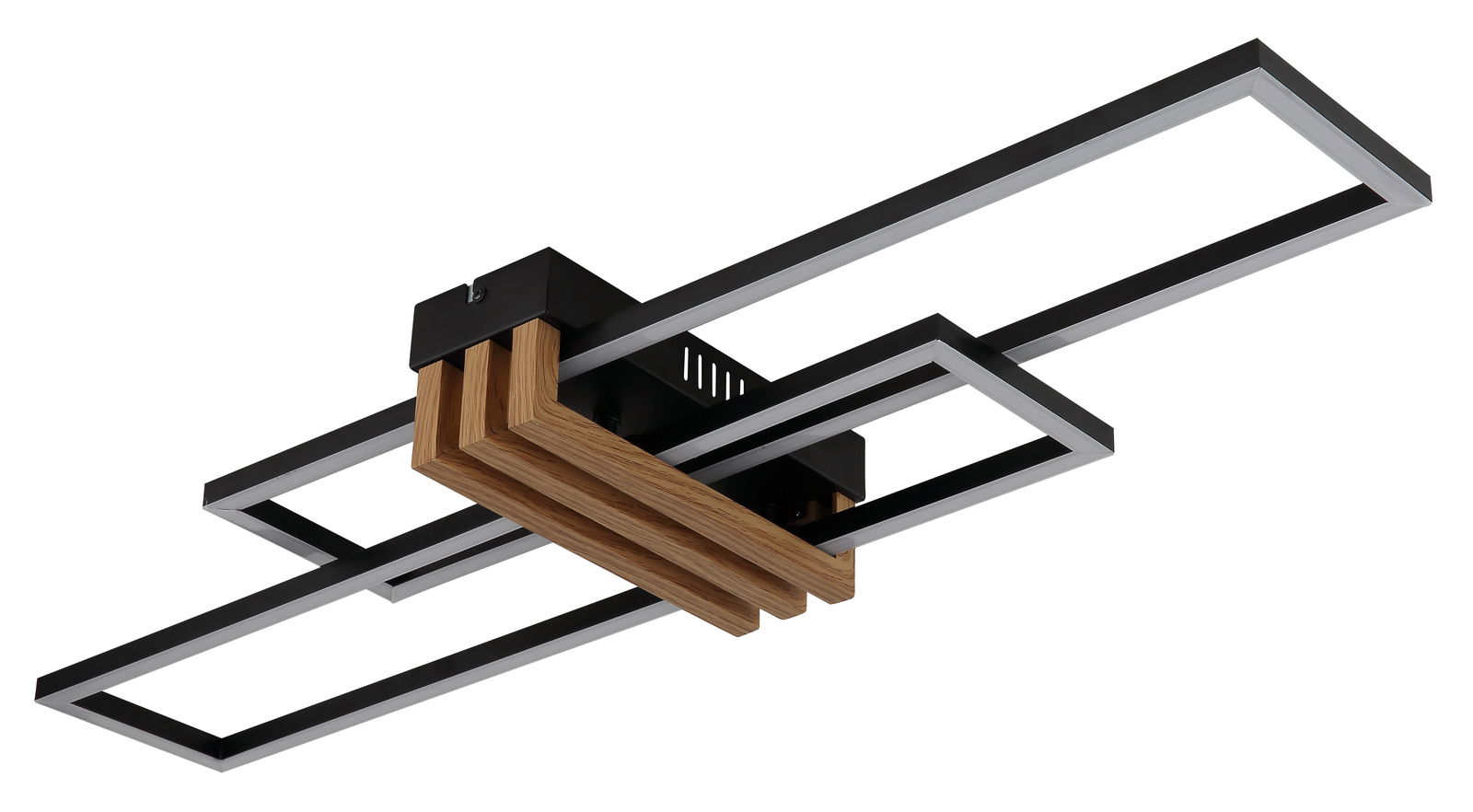Moderne Deckenleuchte mit rechteckigen, schwarzen und holzfarbenen Elementen, seitliche Perspektive