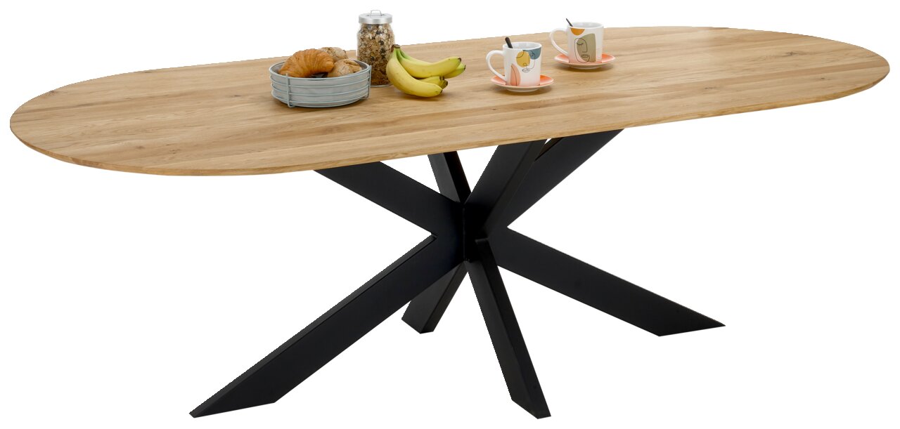 Ovaler Esstisch mit Holzplatte und schwarzem Metallgestell, seitliche Perspektive