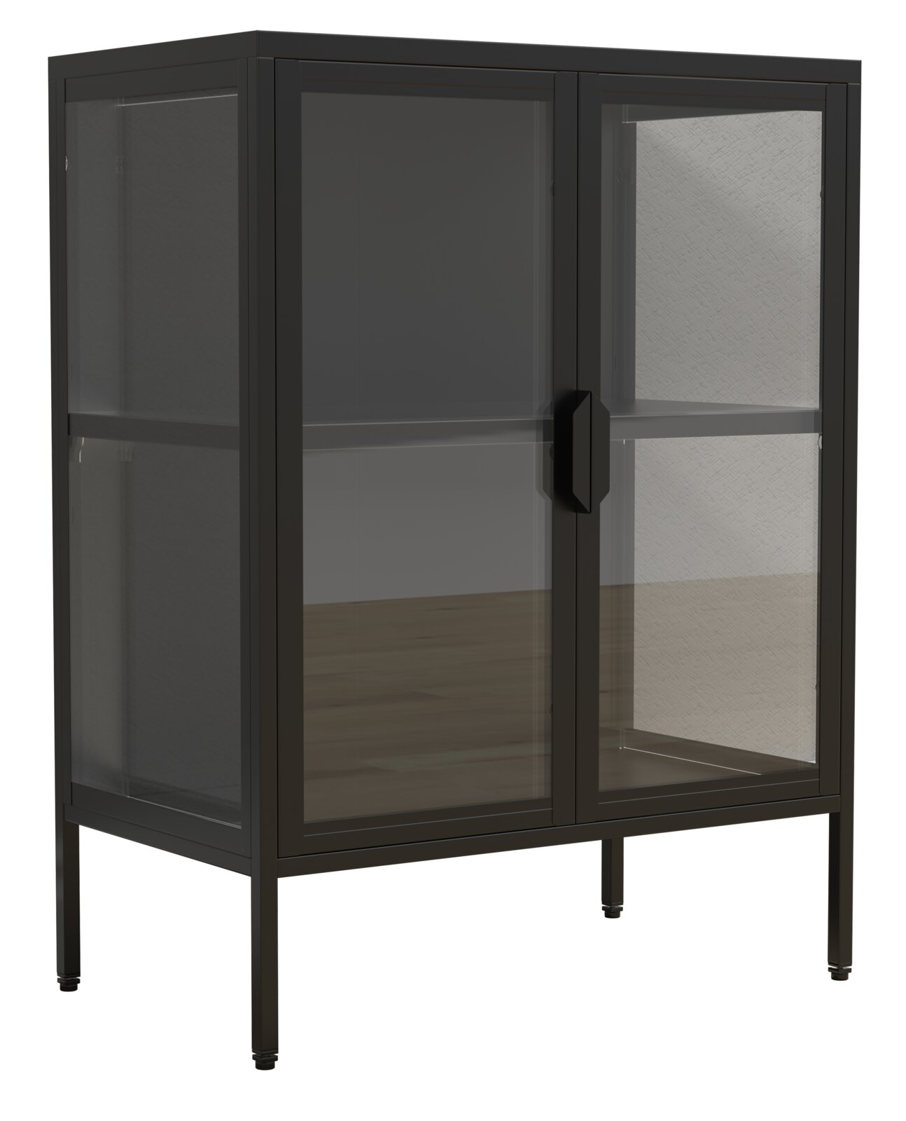 VCM Standvitrine FLOKA Schwarzer Metall-Vitrinenschrank mit Glasfront und zwei Türen auf hohen Beinen, perspektivische Ansicht von vorne links.
