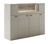 Modernes Highboard in hellem Beige mit Holzdetails und schwarzem Griff, seitliche Perspektive