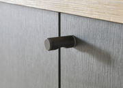 Nahaufnahme eines schwarzen Türgriffs an einem grauen Garderobenschrank, seitliche Perspektive