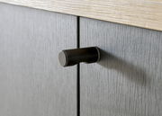 Nahaufnahme eines schwarzen Türgriffs an einem grauen Garderobenschrank, seitliche Perspektive