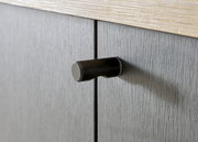 Nahaufnahme eines schwarzen Türgriffs an einem grauen Garderobenschrank, seitliche Perspektive