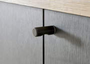 Nahaufnahme eines schwarzen Türgriffs an einem grauen Garderobenschrank, seitliche Perspektive