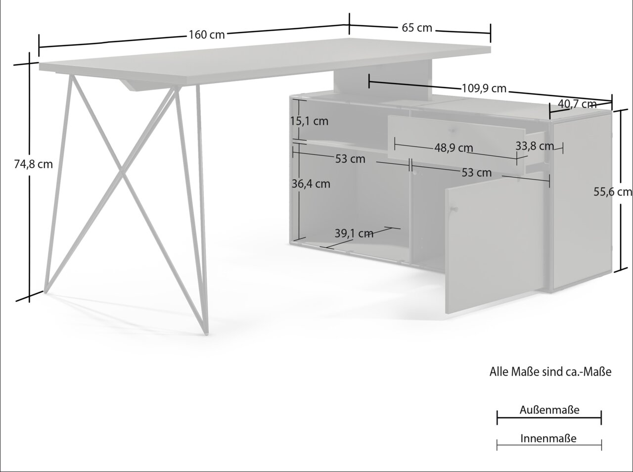 Winkelschreibtisch mit Kommode, Seitenansicht, Maße: 160 cm Breite, 74,8 cm Höhe, 65 cm Tiefe, mit Schubladen und Schranktüren.